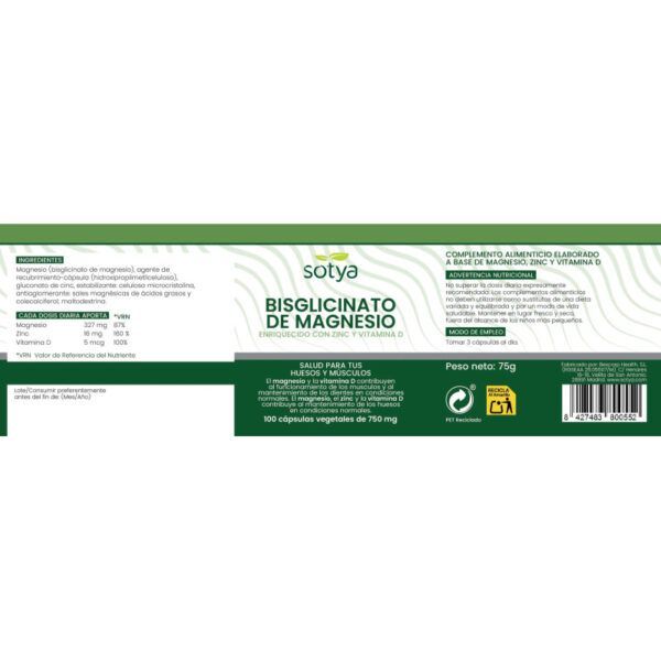 Bisglicinato de Magnesio 750 mg 100 Cápsulas Sotya