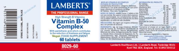 Complejo de Vitaminas B-50 Lamberts 60 tabletas detalle de la etiqueta