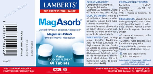 MagAsorb Citrato de Magnesio Lamberts 150 mg 60 tabletas