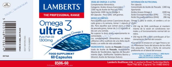 Omega 3 Ultra Aceite de Pescado Puro Lamberts 1300 mg 60 cápsulas