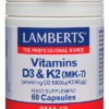 Vitamina D3 1000 UI y K2 90 mcg Lamberts 60 cápsulas detalle de las cápsulas Envase frontal de Vitamina D3 1000 UI y K2 90 mcg Lamberts 60 cápsulas