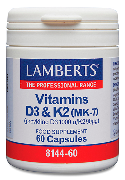 Vitamina D3 1000 UI y K2 90 mcg Lamberts 60 cápsulas detalle de las cápsulas Envase frontal de Vitamina D3 1000 UI y K2 90 mcg Lamberts 60 cápsulas