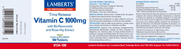 Etiqueta del producto Vitamina C liberación sostenida Lamberts 180 tabletas 1000 mg