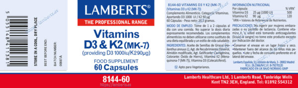 Vitamina D3 1000 UI y K2 90 mcg Lamberts 60 cápsulas detalle de la etiqueta Etiqueta del producto Vitamina D3 1000 UI y K2 90 mcg Lamberts 60 cápsulas