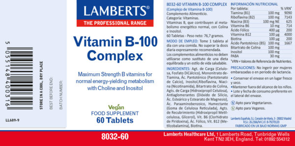 Complejo Vitaminas B-100 Lamberts 60 tabletas detalle de la etiqueta