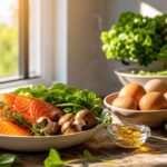 Alimentos con vitamina D como pescado azul, huevos y setas junto a una ventana soleada