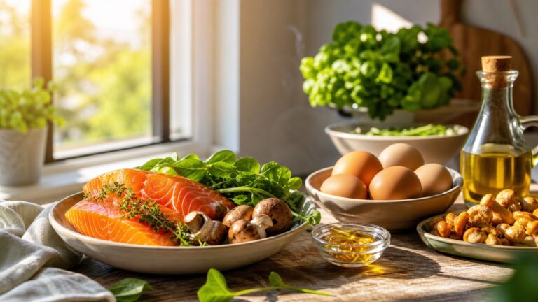 Alimentos con vitamina D como pescado azul, huevos y setas junto a una ventana soleada