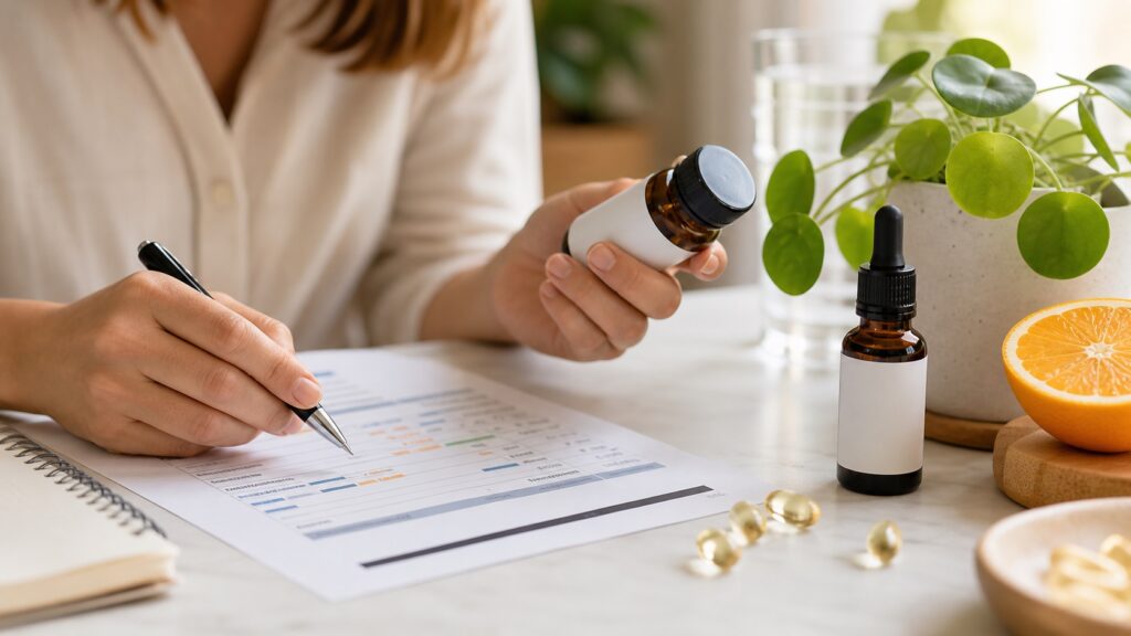 Analítica de vitamina D sobre una mesa junto a suplementos sin marca