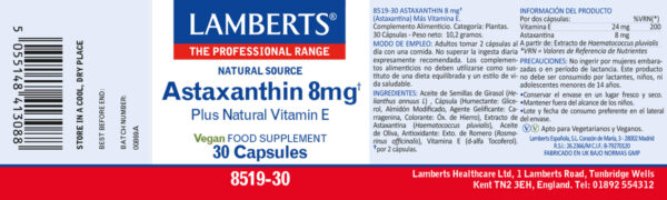 Astaxantina Lamberts 8 mg con vitamina E natural 30 cápsulas detalle de la etiqueta Astaxantina Lamberts 8 mg con vitamina E natural 30 cápsulas detalle de la etiqueta