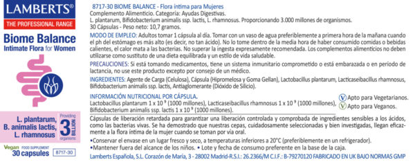 Biome Balance Flora Íntima Lamberts para mujeres detalle de la etiqueta