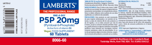 P5P Piridoxal 5 Fosfato Vitamina B6 20 mg Lamberts 60 tabletas detalle de la etiqueta