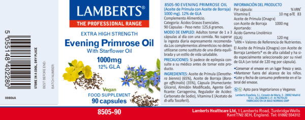 Aceite de prímula con borraja Lamberts 1000 mg detalle de la etiqueta