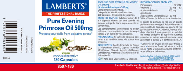 Aceite de Prímula u Onagra Puro 500 mg con Vitamina E Lamberts detalle de la etiqueta Aceite de Prímula u Onagra Puro 500 mg con Vitamina E Lamberts detalle de la etiqueta