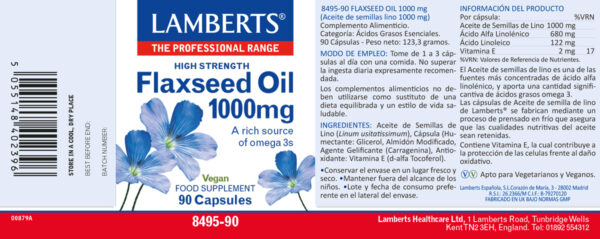 Aceite de Semillas de Lino 1000 mg rico en Omega 3 Lamberts detalle de la etiqueta
