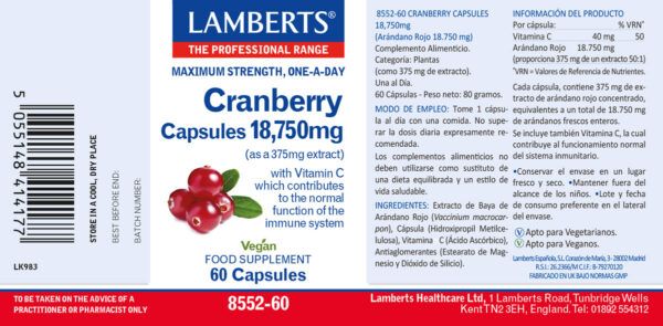 Arándano Rojo Lamberts 18.750 mg 60 cápsulas detalle de la etiqueta Arándano Rojo Lamberts 18.750 mg 60 cápsulas detalle de la etiqueta