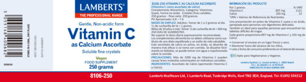 Ascorbato de calcio Lamberts vitamina C no ácida detalle de la etiqueta Ascorbato de calcio Lamberts vitamina C no ácida detalle de la etiqueta