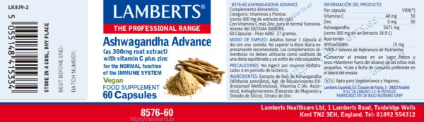 Ashwagandha Advance Lamberts 60 cápsulas detalle de la etiqueta Ashwagandha Advance Lamberts 60 cápsulas detalle de la etiqueta
