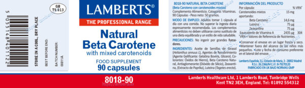 Betacaroteno natural Lamberts 15 mg vitamina A detalle de la etiqueta