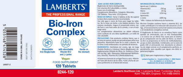 Hierro vegano Lamberts con B12 y L-lisina detalle de la etiqueta