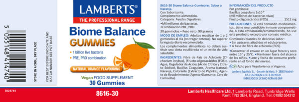 Biome Balance Lamberts 30 gominolas sabor naranja detalle de la etiqueta Biome Balance Lamberts 30 gominolas sabor naranja detalle de la etiqueta