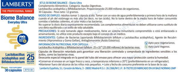 Biome Balance Everyday Ultra Lamberts 30 cápsulas detalle de la etiqueta Biome Balance Everyday Ultra Lamberts 30 cápsulas detalle de la etiqueta