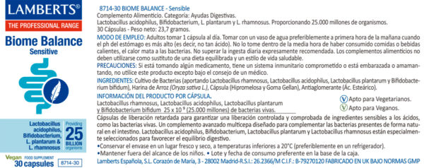 Biome Balance Sensitive Lamberts 30 cápsulas detalle de la etiqueta