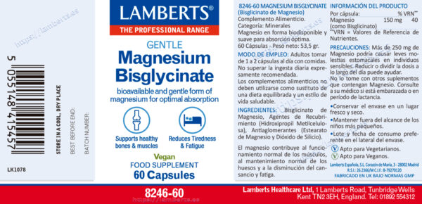 Magnesio Bisglicinato Lamberts 150 mg 60 cápsulas detalle de la etiqueta