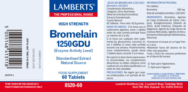 Bromelina Lamberts 1250 GDU 60 tabletas detalle de la etiqueta Bromelina Lamberts 1250 GDU 60 tabletas detalle de la etiqueta