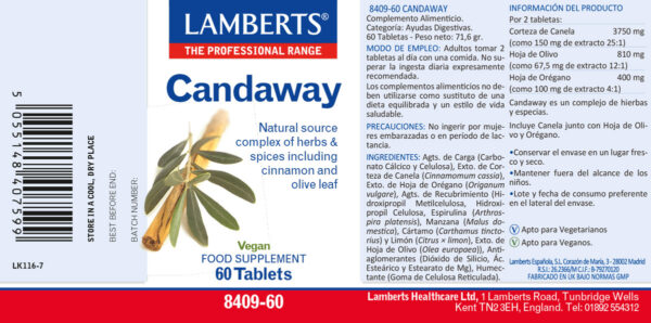 Candaway Lamberts extractos de plantas y especias 60 tabletas detalle de la etiqueta Candaway Lamberts extractos de plantas y especias 60 tabletas detalle de la etiqueta