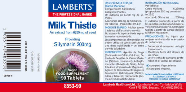 Cardo Mariano Lamberts 6250 mg con 200 mg de silimarina 90 tabletas detalle de la etiqueta