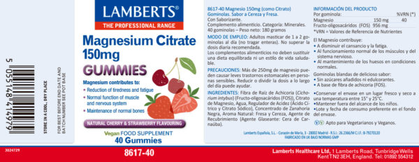 Magnesio citrato Lamberts 150 mg en 40 gominolas detalle de la etiqueta