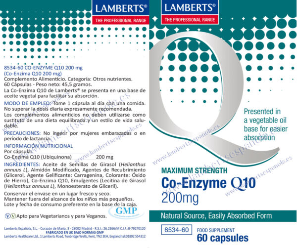 Co-Enzima Q10 Lamberts 200 mg 60 cápsulas detalle de la etiqueta