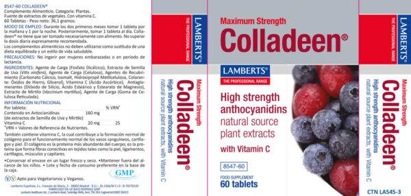 Colladeen® que aporta 160 mg de antocianidinas de uva y mirtilo Lamberts detalle de la etiqueta Colladeen® que aporta 160 mg de antocianidinas de uva y mirtilo Lamberts detalle de la etiqueta