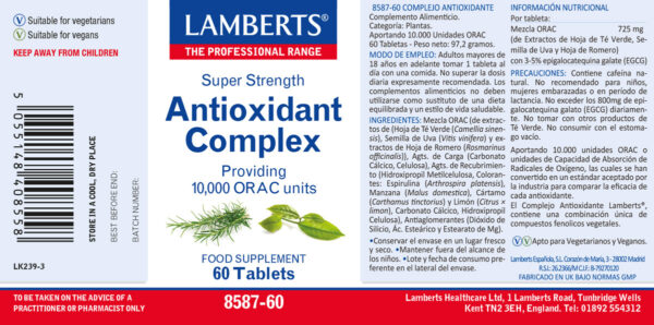 Complejo antioxidante Lamberts 10.000 unidades ORAC detalle de la etiqueta Complejo antioxidante Lamberts 10.000 unidades ORAC detalle de la etiqueta