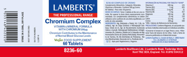 Cromo Complex Lamberts con vitaminas B, C y minerales detalle de la etiqueta Cromo Complex Lamberts con vitaminas B, C y minerales detalle de la etiqueta