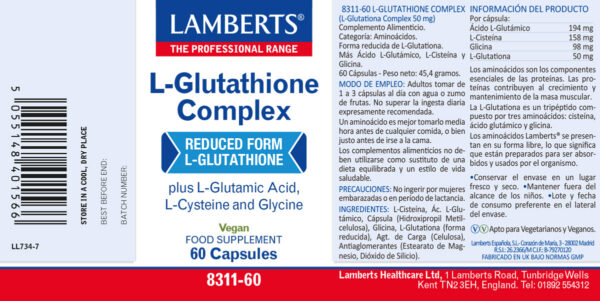 L-Glutationa Complex Lamberts con aminoácidos libres 60 cápsulas detalle de la etiqueta