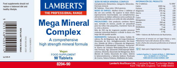 Complejo Mega Mineral Lamberts de amplio espectro detalle de la etiqueta