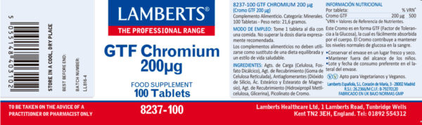 Cromo GTF Lamberts 200 mcg como picolinato 100 tabletas detalle de la etiqueta Cromo GTF Lamberts 200 mcg como picolinato 100 tabletas detalle de la etiqueta