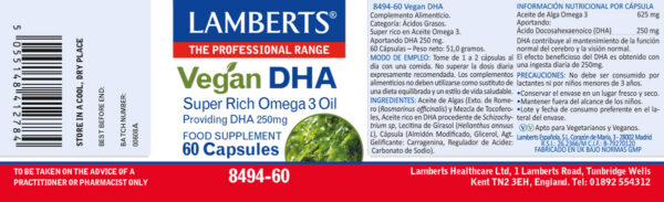 DHA Vegano 250 mg Omega 3 de Algas Lamberts 60 cápsulas detalle de la etiqueta DHA Vegano 250 mg Omega 3 de Algas Lamberts 60 cápsulas detalle de la etiqueta