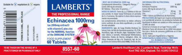 Equinácea Lamberts 1000 mg con vitamina C y zinc detalle de la etiqueta