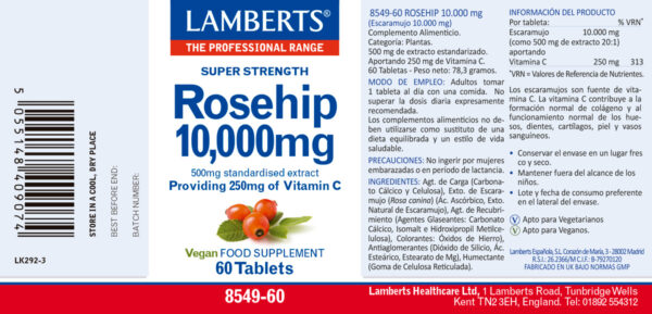 Escaramujo Lamberts 10.000 mg con vitamina C detalle de la etiqueta
