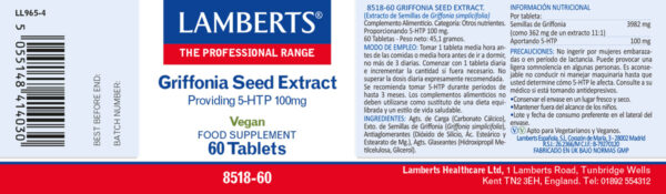 5-HTP Lamberts 100 mg con extracto de Griffonia 60 tabletas detalle de la etiqueta