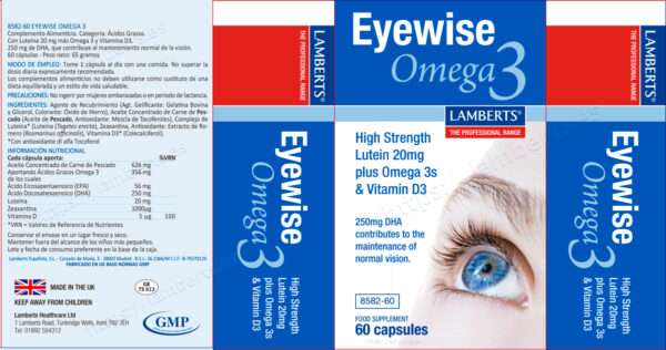 Eyewise Lamberts con luteína, zeaxantina, omega 3 y D3 detalle de la etiqueta Eyewise Lamberts con luteína, zeaxantina, omega 3 y D3 detalle de la etiqueta