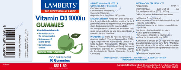 Vitamina D3 1000 UI Lamberts en gominolas sabor manzana detalle de la etiqueta Vitamina D3 1000 UI Lamberts en gominolas sabor manzana detalle de la etiqueta