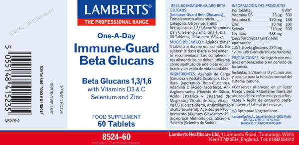 Immune Guard Beta Glucans Lamberts con D3, C, zinc y selenio detalle de la etiqueta