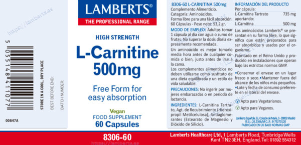L-Carnitina Lamberts 500 mg en forma libre 60 cápsulas detalle de la etiqueta