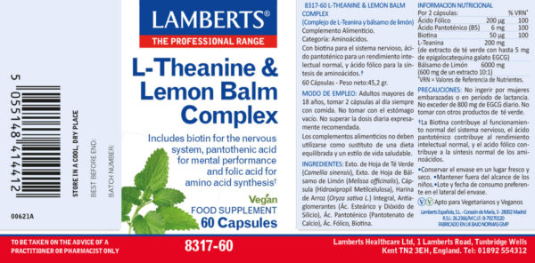 L-Teanina Lamberts 200 mg con bálsamo de limón detalle de la etiqueta