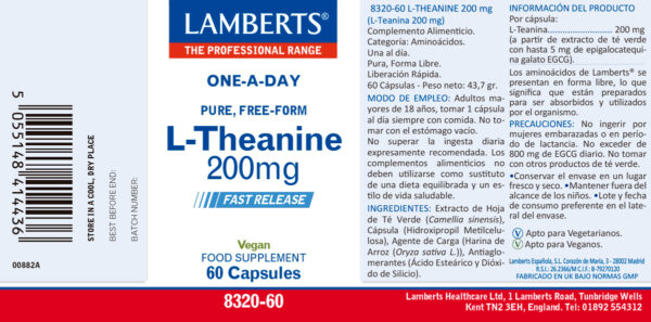 L-Teanina Lamberts 200 mg en forma libre 60 cápsulas detalle de la etiqueta L-Teanina Lamberts 200 mg en forma libre 60 cápsulas detalle de la etiqueta