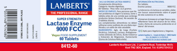 Lactasa 9000 FCC Lamberts enzima digestiva 60 tabletas detalle de la etiqueta