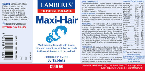 Maxi-Hair Lamberts con Biotina, Selenio y Zinc 60 tabletas detalle de la etiqueta